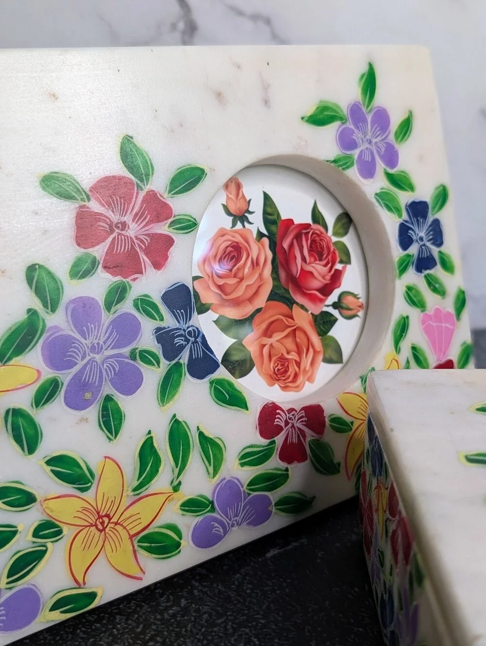 Hand Painted Genuine Marble Vanity Set - Frame And Trinket Box NWOT